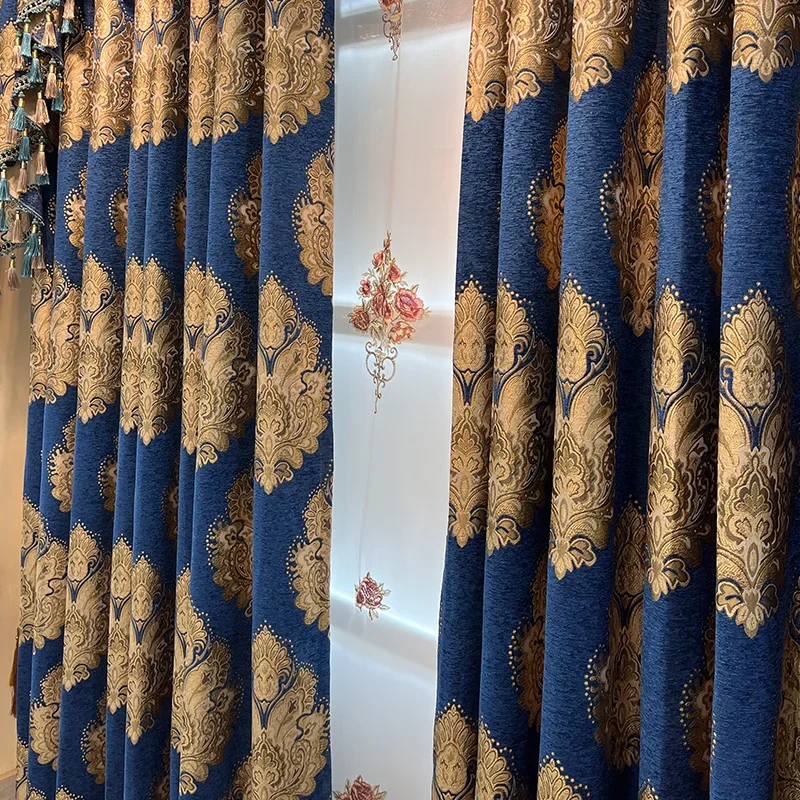 American High-end Retro Blue Chenille Jacquard Thickened Curtains for Living Room Bedroom and Villa Customization Valance