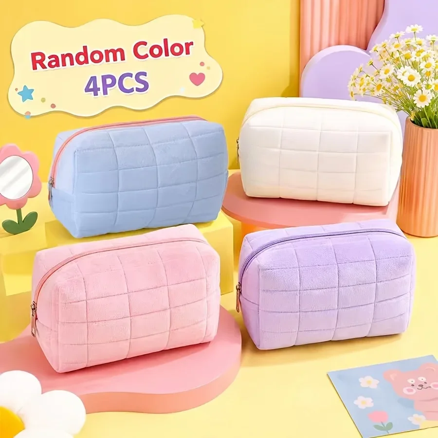 Set of 4 Random Color Soft Checkered Makeup Bags, Large Capacity Multi-functional Portable Travel Skincare and Toiletry Pouch.