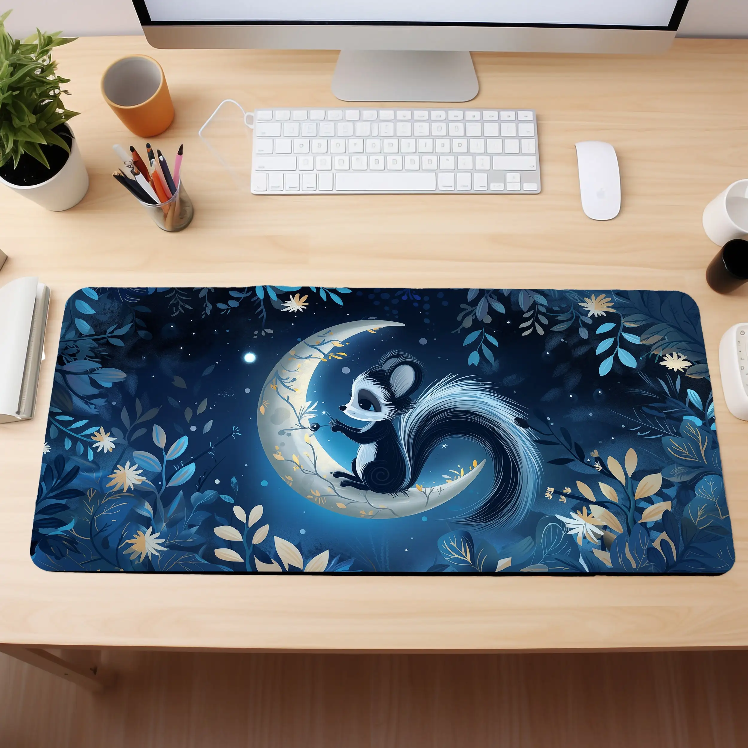 Cute Little Skunk on The Crescent Moon,adorable Desktop Decoration,cute Gaming Deskmat Mousepad,gift for Daughter, Gift for Wife