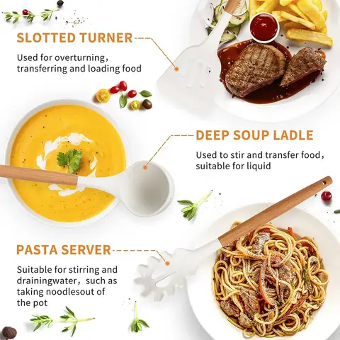 12-delars köksredskapsset silikonspatelset trähandtag värmebeständigt köksredskap spatel sked borste visp för hemkök 10 best sales träskedsset - №3
