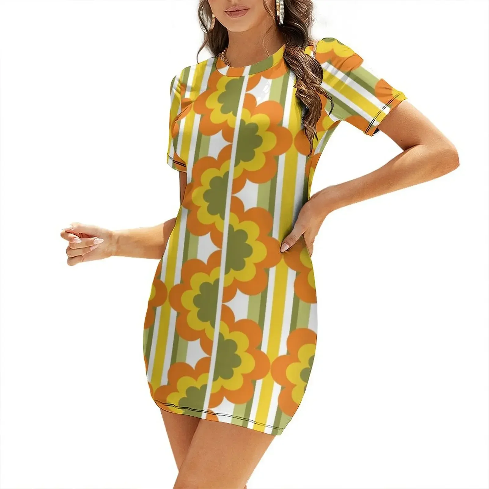 1970's Pattern / Retro 70s Vintage Seventies style Short-Sleeved Dress women clothes evening dress ladies dress korean style