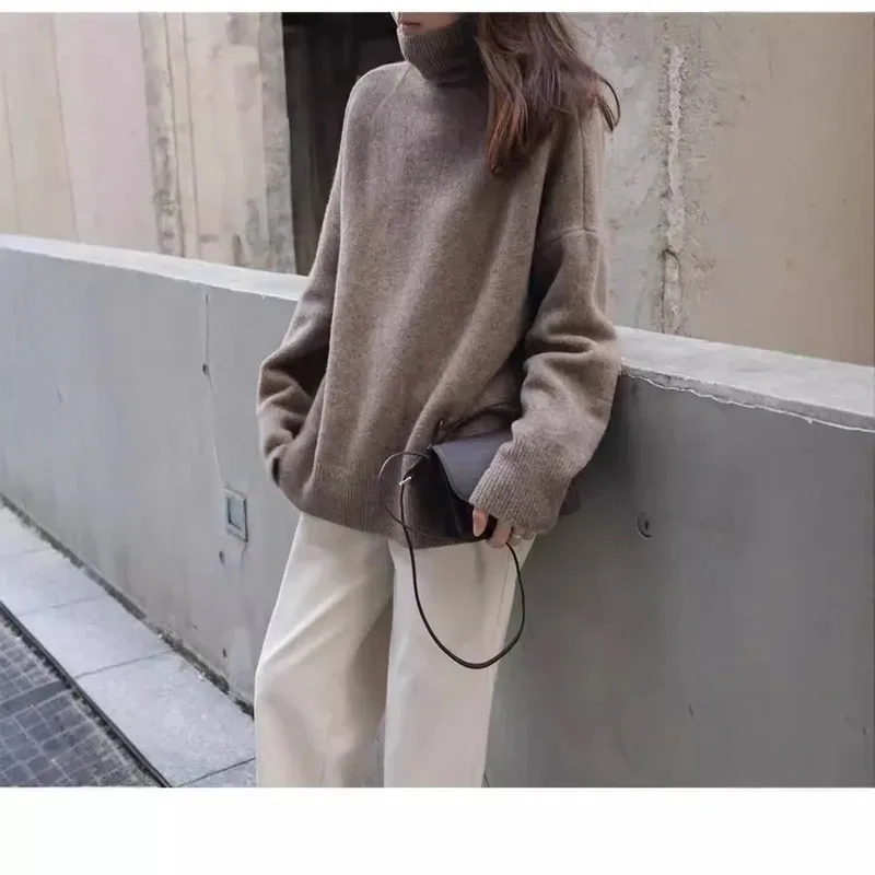 الخريف الشتاء عالية الرقبة المرأة سترة Vintage الأساسية الصلبة محبوك الكورية القمم عادية سليم البلوز البلوزات بسيطة شيك لاعبا