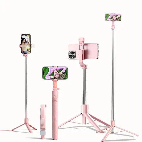 Extendable Aluminum Selfie Stick Tripod, Fill Light & Bluetooth-compatible Remote, Compatible with iPhone/android, for Travel