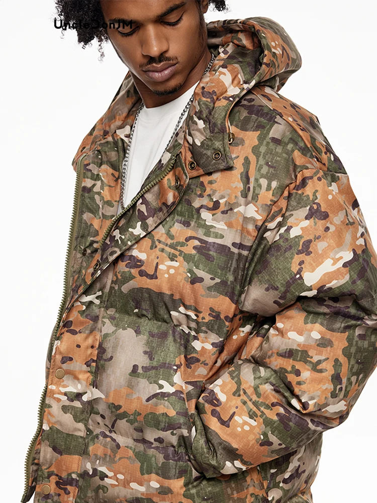 Camuflagem masculina com capuz jaqueta acolchoada, Street Wear, High Street Parkas, inverno