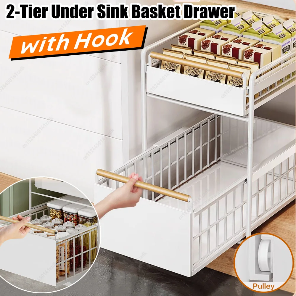 

2-Tier Cabinet Pull-Out Organizer with Hooks Slide Storage Drawer Under Sink Basket Drawer for Bathroom Bedroom Skin Care