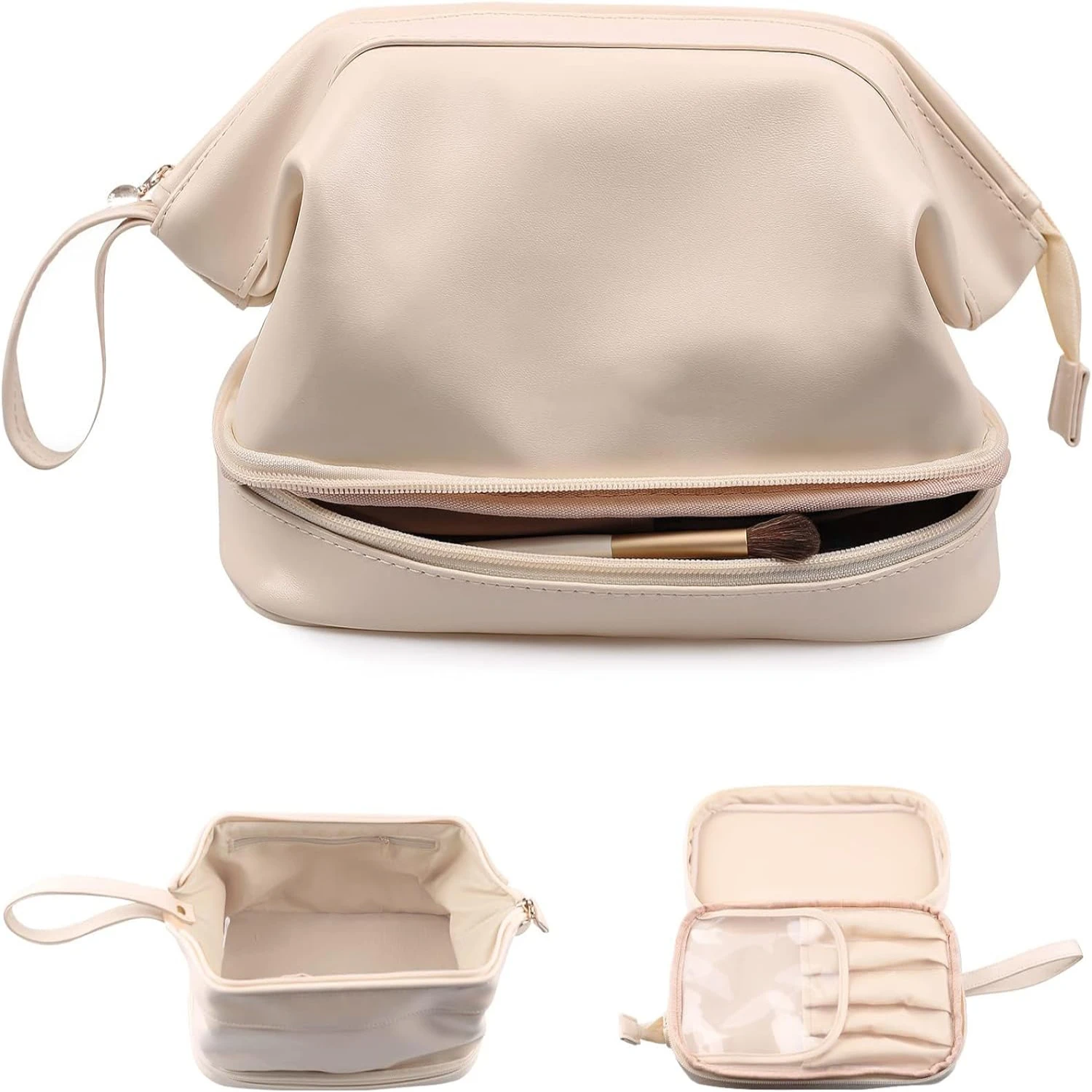 

Elegant, Trendy and Stylish Double Layers Wide-open Leather Travel Makeup Organizer Bag - Spacious yet Chic Storage for on-the-g