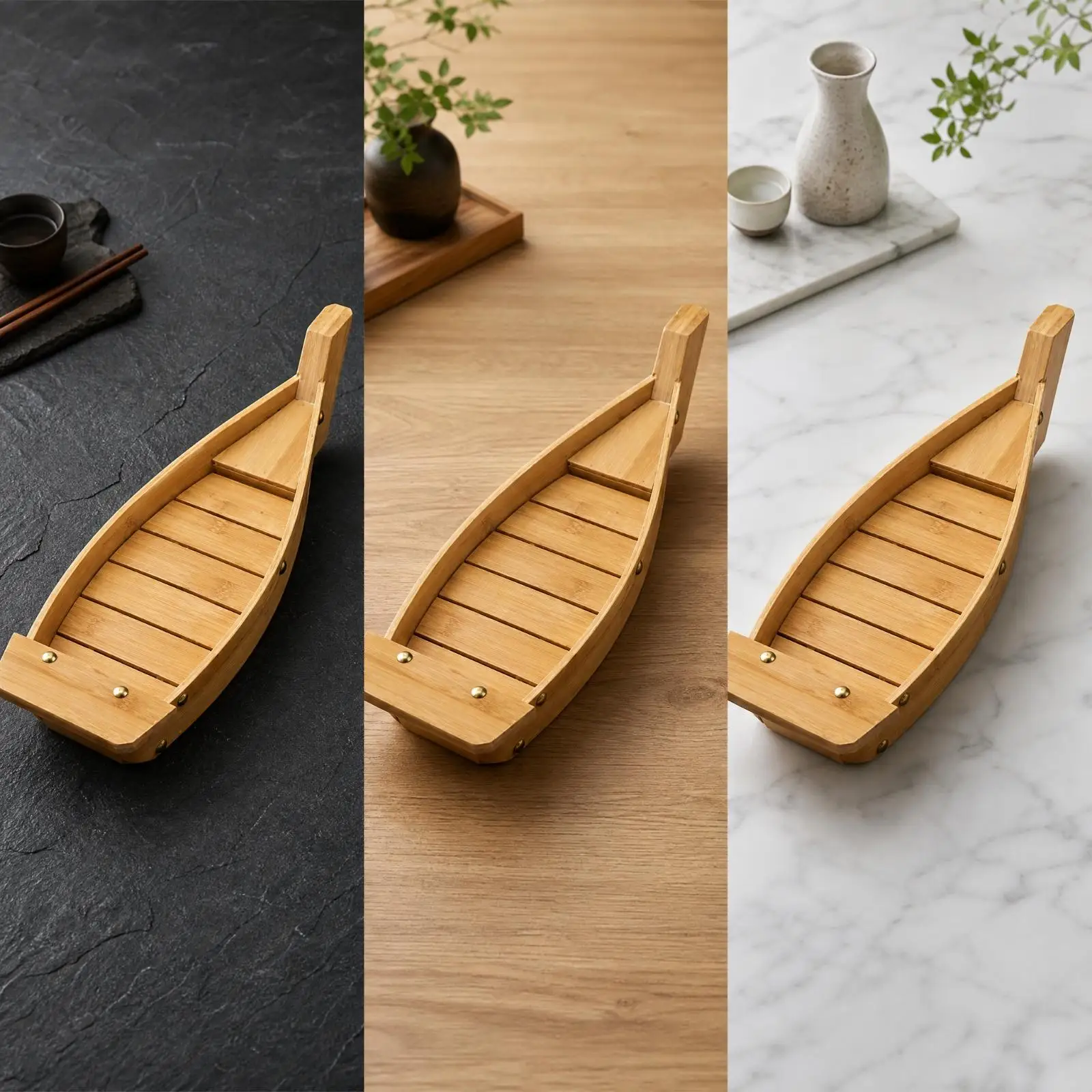 Sashimi Serving Boat with Raised Rim Decorative Fasteners Sushi Boat with Slatted Base Sushi Serving Plate Versatile