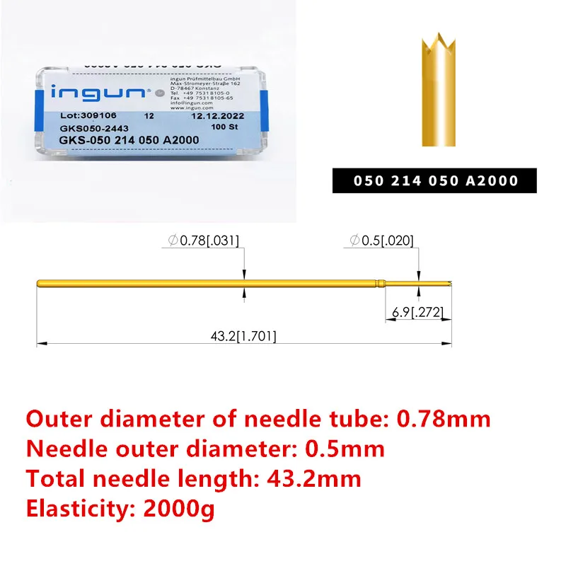 

100PCS INGUN Probe GKS050 214 050 A2000 Four-jaw Plum Head 50mil 0.78mm Spring Test Pin PCB Pogo Pin