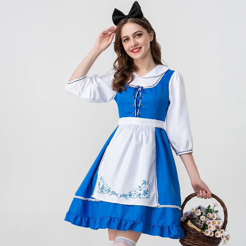 Halloween New Women's Blue White Farm Girl Dress Cosplay Maid Waitress Costume Strap-on Design Carnival Party Stage Clothing Set