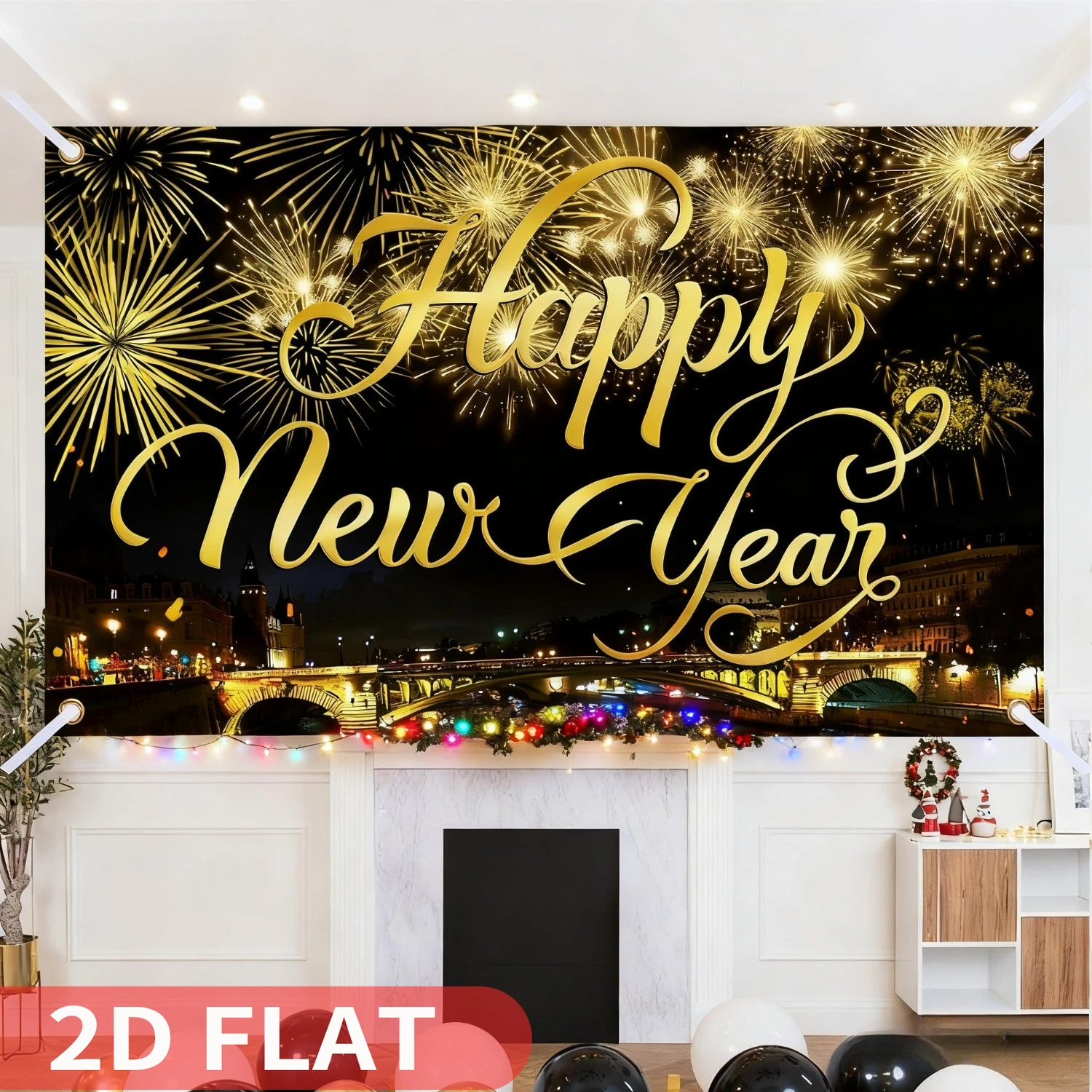 

1pc Happy New Year Party Backdrop Tapestries, wall Banner with Pattern Firework for New Year Party Decoration, 43x71 inch