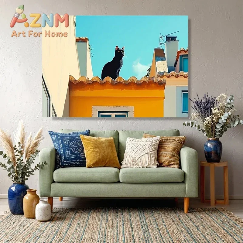 AZNM Black Cat On Colorful Rooftop Canvas Wall Art Bright City Building Scenery Print Poster for Living Room Bedroom Modern Home
