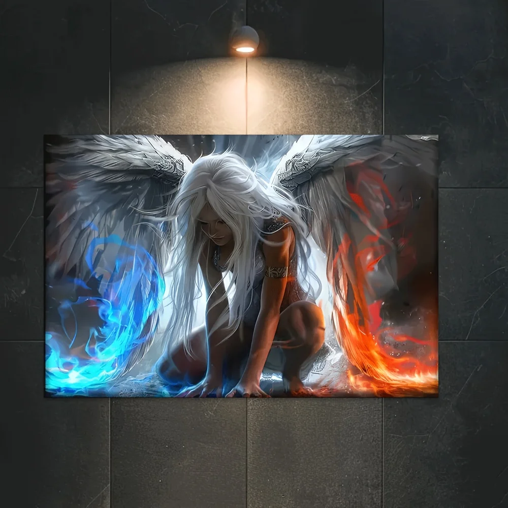 1pc Unframed Canvas Painting Surreal White Wing Angels with Blue Flames Wall Art Poster for Bedroom Living Room Cafe Bar Office