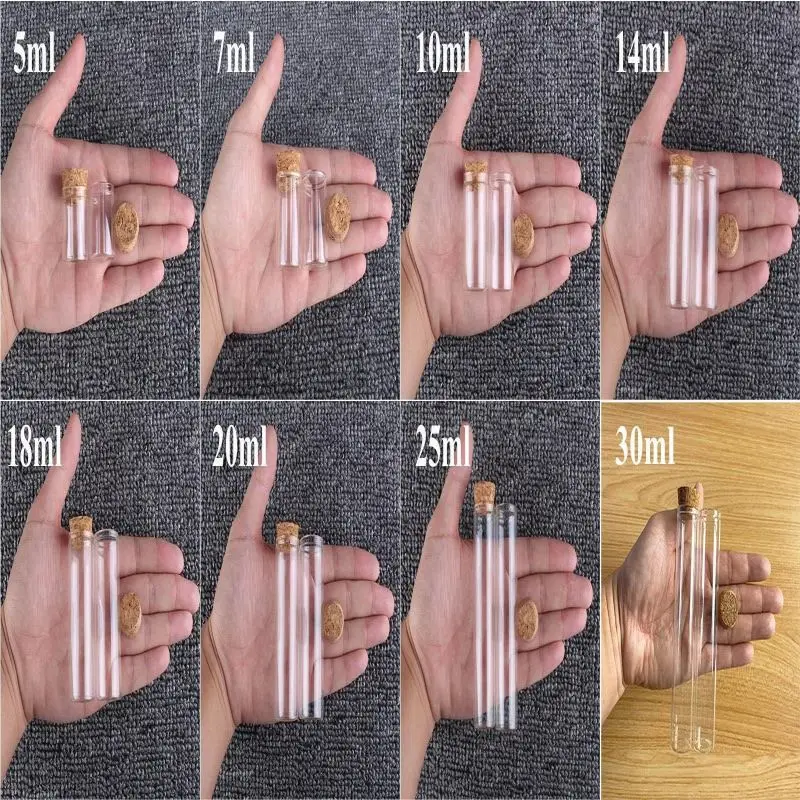 30pcs/lot 5ml 7ml 10ml 15ml 20ml 25ml 30ml Glass Test Tube with Cork Stopper Message Bottles Jars Vials Gift Art DIY Crafts