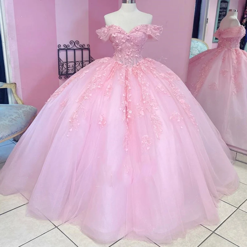 

Pink Ball Gown Quinceanera Dresses Off the Shoulder Applique Lace Beads Tulle Princess Sweet 16 Vestido 15 De XV Años Brithday