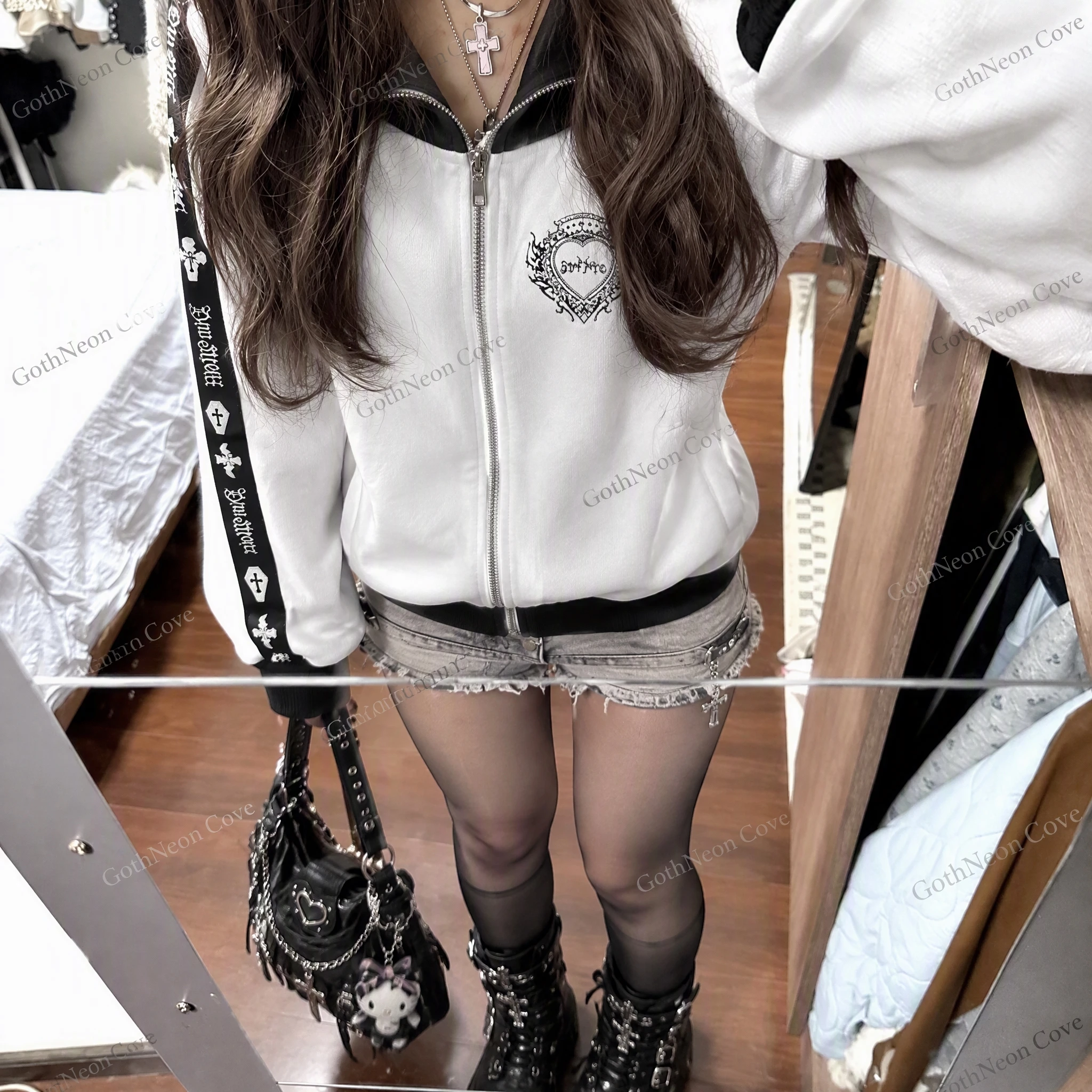Autumn Winter Subculture Dark Gothic Coat Women Personalized Design Print Loose Hoodie Vintage Y2K Jirai Kei Street Coat Jacket