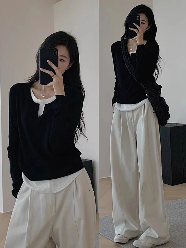 

Элегантный черный вязаный топ с V-образным вырезом для женщин, модный, приталенный, в корейском стиле, шикарный, весна-осень, новинка