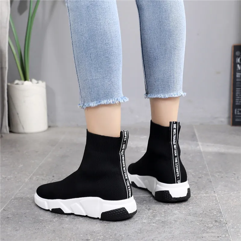 Kobiety Kint Sock Shoes Woman 3.5cm Heels Wedges Shoes Women\'s Ladies for Slip on Vulcanize Flat Shoe Autumn Elastic Fabric Black