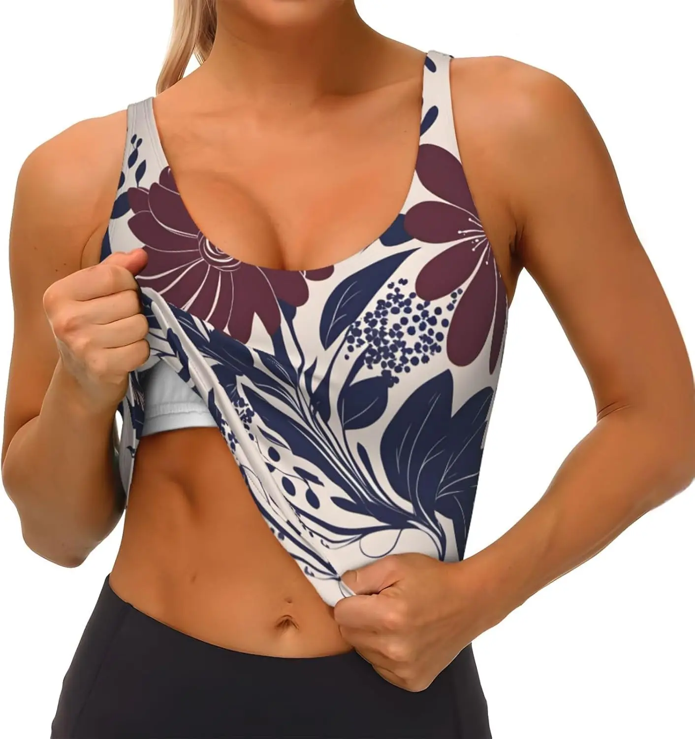 マルーンとネイビーの花柄プリント レディース スポーツ ベスト - 軽量で通気性に優れたヨガ ワークアウト フィットネス