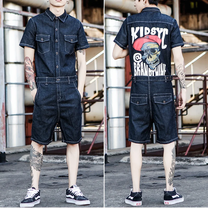 Jeans Jumpsuit Short Sleeve Men One Piece Overalls Punk Skull Print Mens Denim Rompers Jumpsuits 2023 New Summer Male Sets 4XL