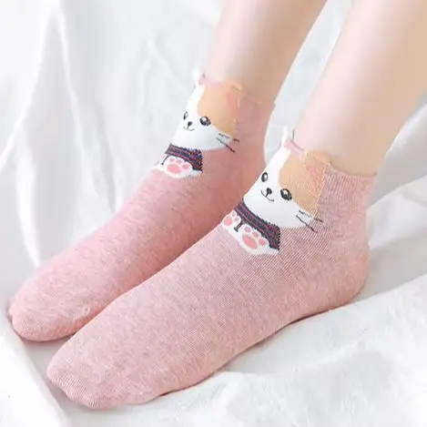 Women Cute Cartoon Animal Ankle Socks 3D Ear Design Bear Cat Dog Print Soft Cotton Low Cut Short Socks Sweet Casual Ladies Socks
