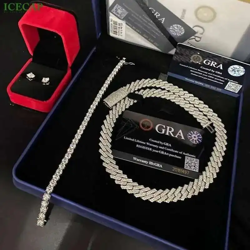 

Pass Diamond Tester 925 Sterling Silver Iced Out 12mm Hip Hop Moissanite Jewelry Diamond Cuban Link Chain