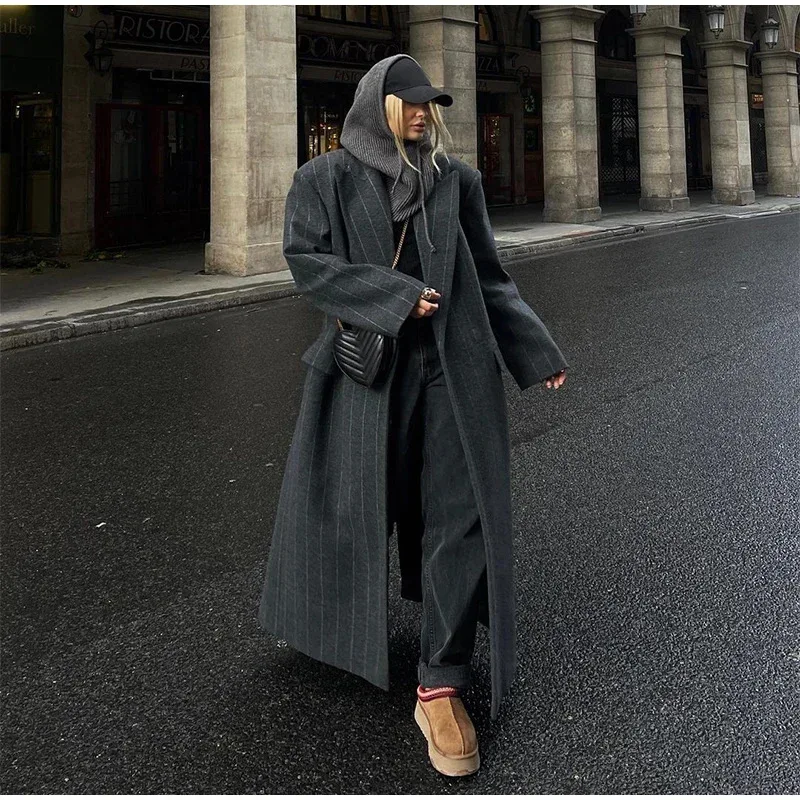 

Elegant Long Blazer for Women Handsome and Simple Suit Collar Striped Woolen Coat Versatile Commuting Autumn and Winter Coat