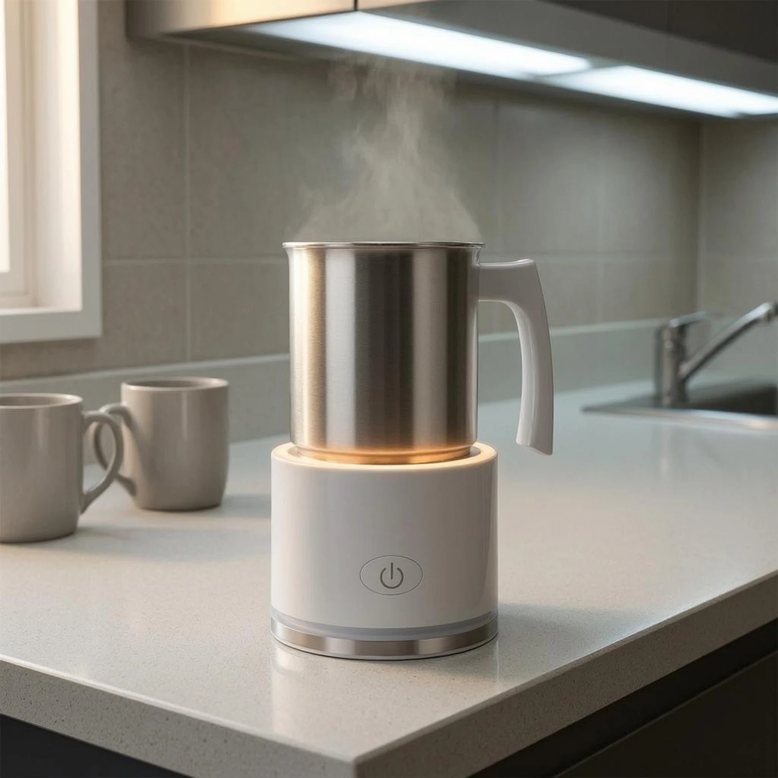 Electric Milk Frother Stainless Steel Automatic Milk Frother Kitchen Appliance Compact Power Button view 4