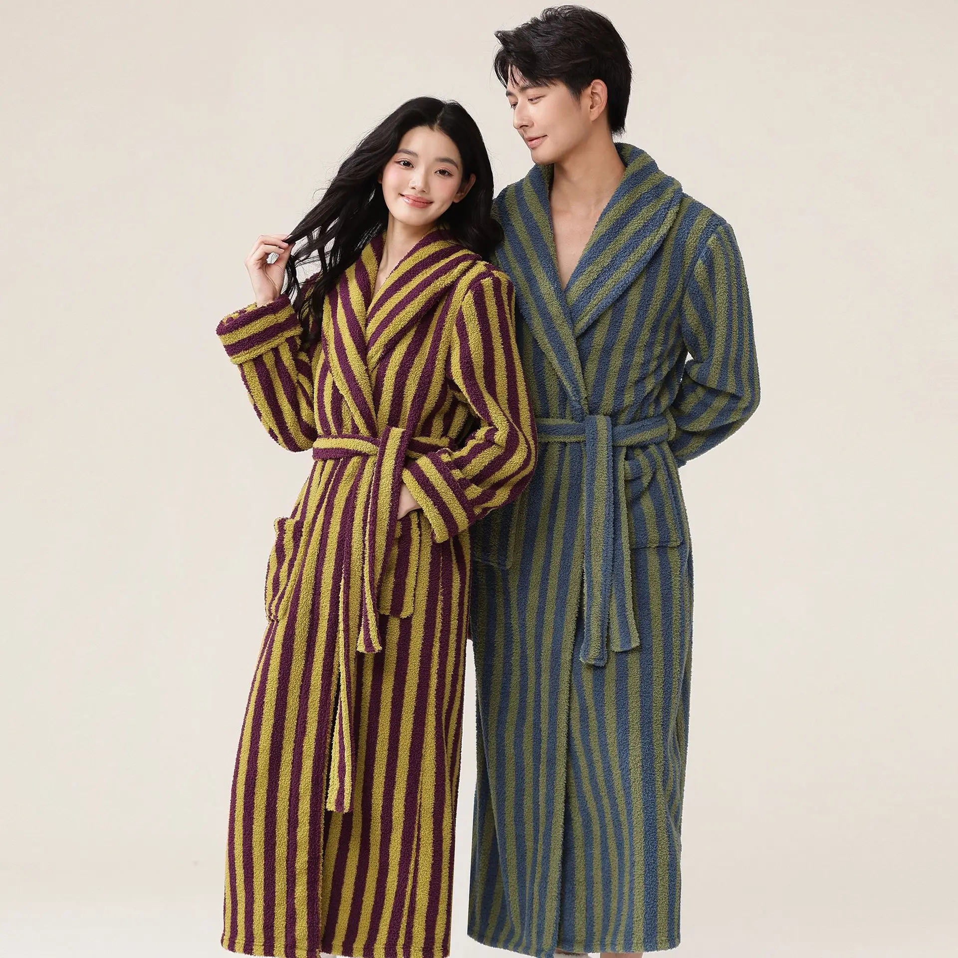 2025 New Autumn And Winter Unisex Bathrobe Rice Velvet Thick Warm Couple Nightgown Simple Coral Fleece Pajamas