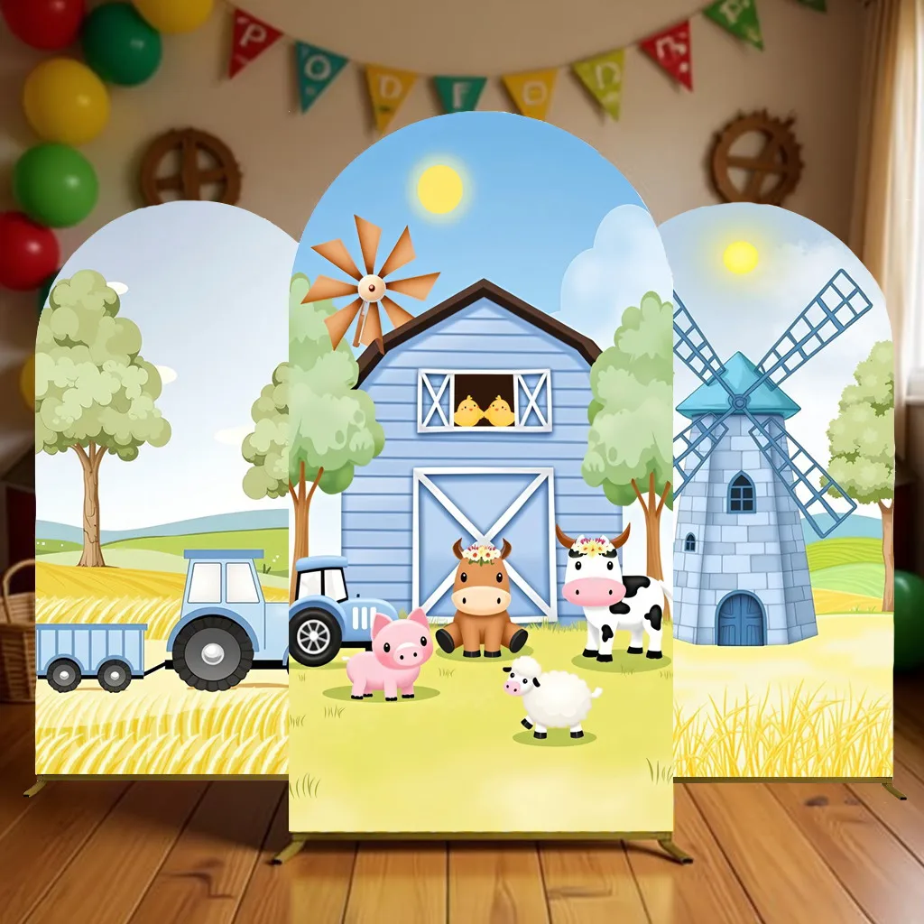 Blue Farm Animals Birthday Party Decor Arch Cover Backdrop Barn Tractor Baby Shower Baby Kids Portrait Photography Background