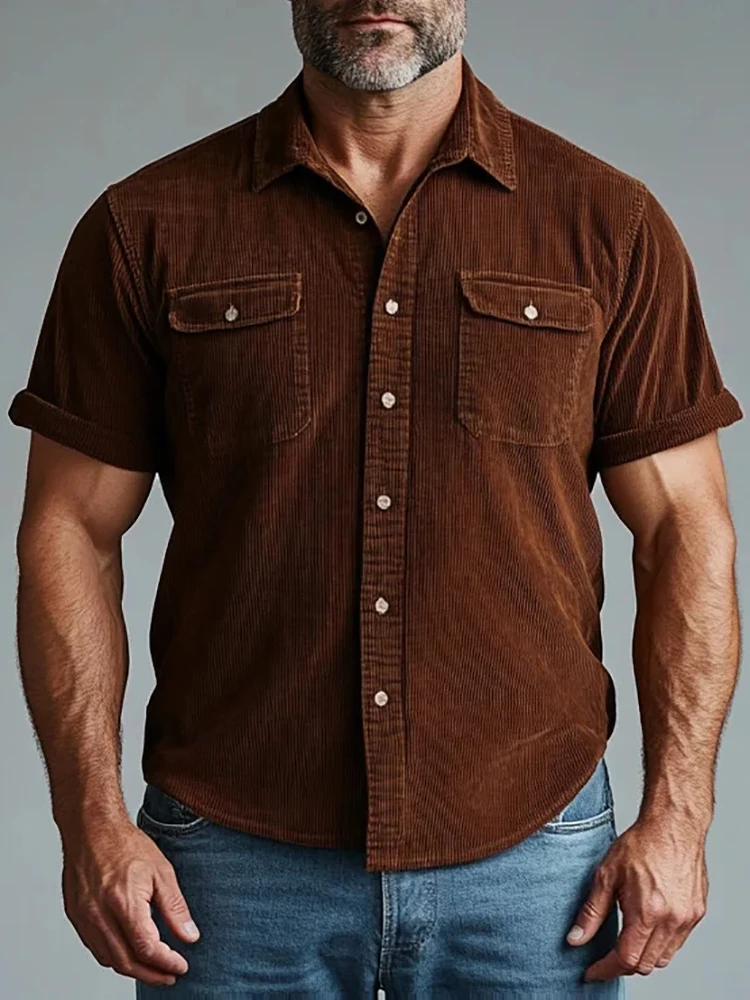 

Men Corduroy Casual Multiple Pockets Shirts Lapel Single Breasted Short Sleeve Summer Basic Daily American Style Male Top Shirts