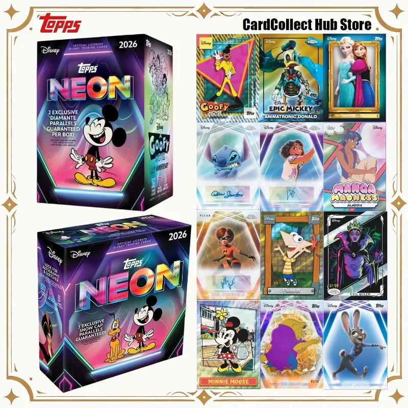 Tarjetas Coleccionables Oficiales de la Serie Neon de Disney 2026, Pixar, Familia Mickey, Villanos de Disney, Juego Completo Premium