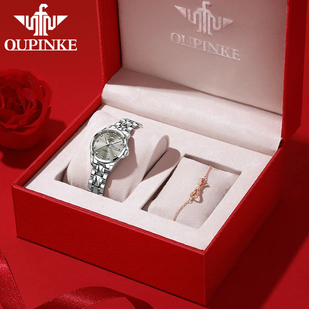 

OUPINKE 3262 женские часы оригинальные роскошные автоматические механические часы 50 м водонепроницаемые светящиеся часы с днем и датой для женщин с сапфировым стеклом