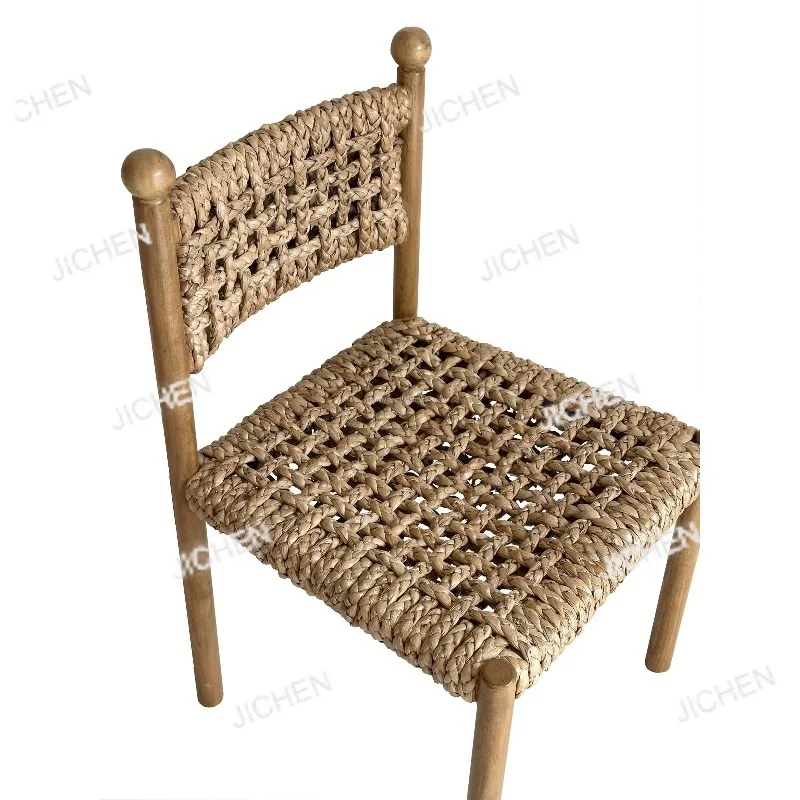 Silla Pablo de Madera Maciza Estilo Rústico Francés, Asiento de Algas Marinas Tejido a Mano, Muebles de Comedor Cómodos