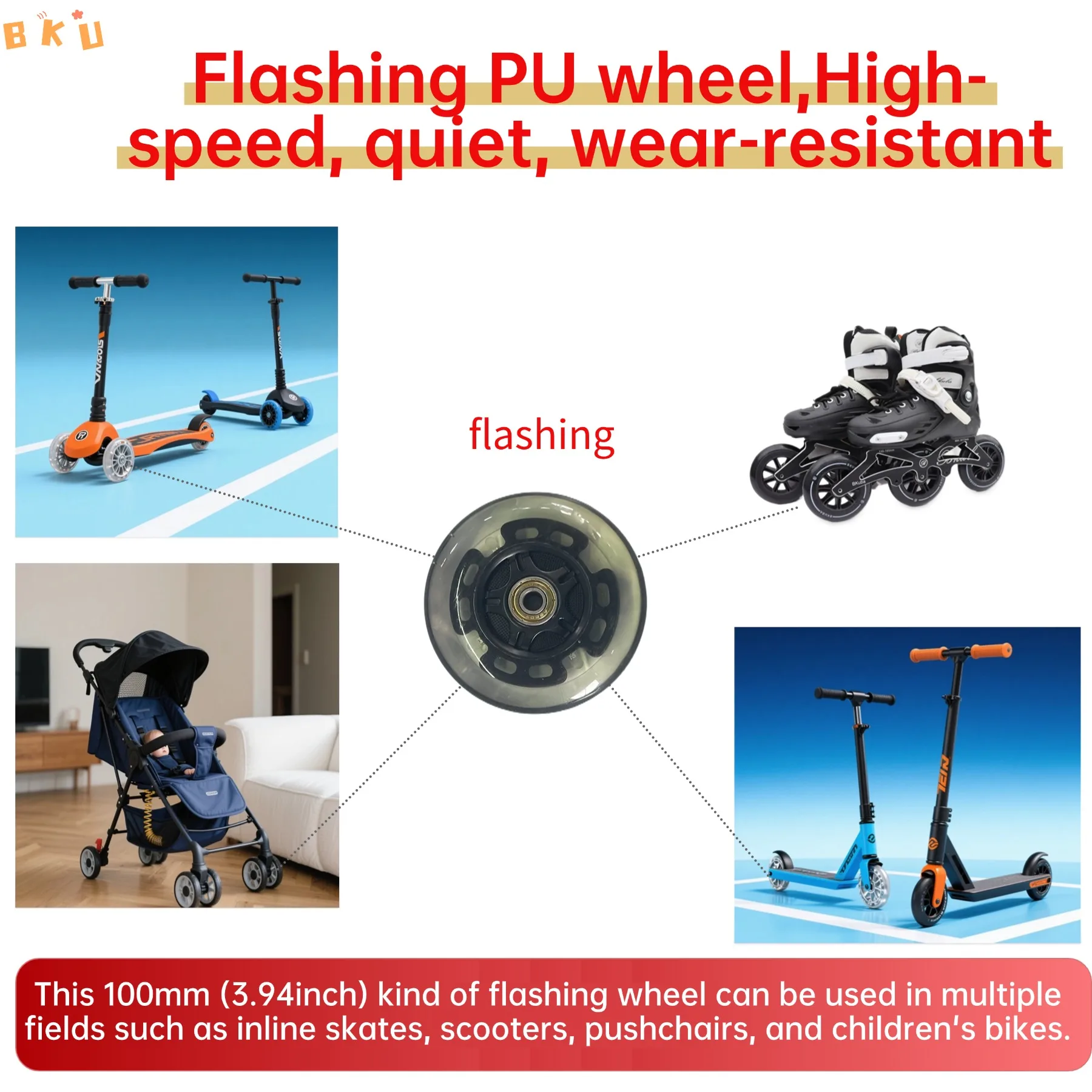 100 mm (4 Zoll) Blitzrollenräder – stummgeschaltete, langlebige, leuchtende PU-Räder, geeignet für Inline-Skates und Roller (2er-Pack)