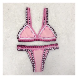 Maillot de bain rose au crochet fait à la main pour femmes, ensemble deux pièces style boho, unique, sexy, vêtements de plage, vacances d'été