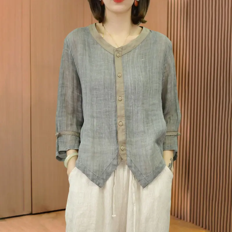 

Retro Cotton Linen Shirt for Women's Cotton Linen Shirt for Summer New Loose Slim Top Temperament Linen Shirt Large Size Thin