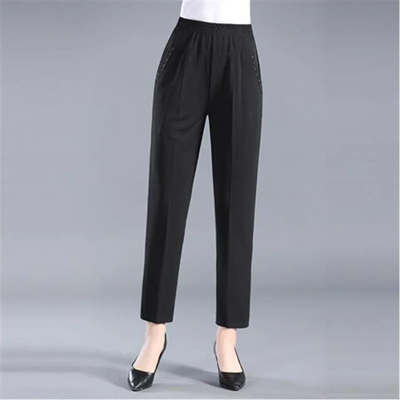 Pantalon droit décontracté pour femme, grande taille 5XL, printemps été, mince, élastique, taille haute, mode, diamants, poche, nouveau