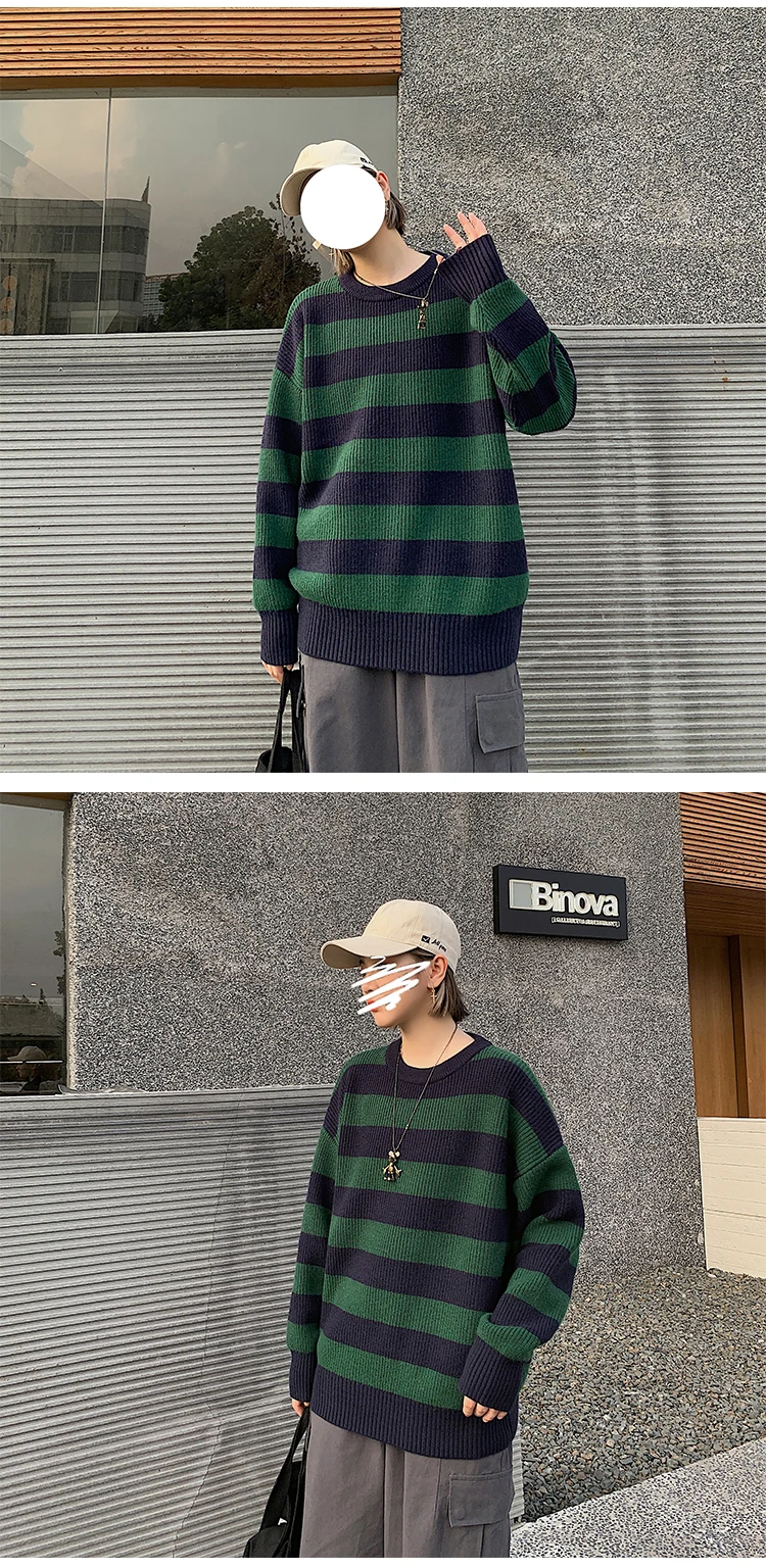 2026 Gestreifter Herren-Strickpullover Damen Vintage Locker Sitzende Pullover Harajuku Grüner Herbst-Pullover Unisex Lässige Strickware – Detail 17