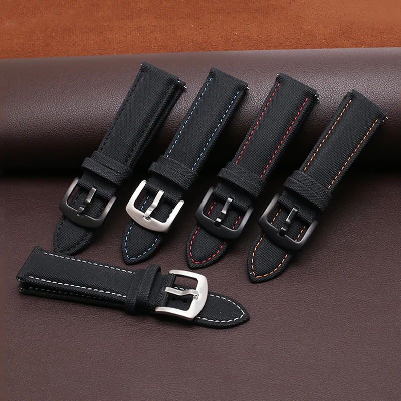 Universal Black Carbon Brazing Nylon Watch Strap Of Various Brands 20/21/22/23/24mm Flat interface Nylon grain leather watchband