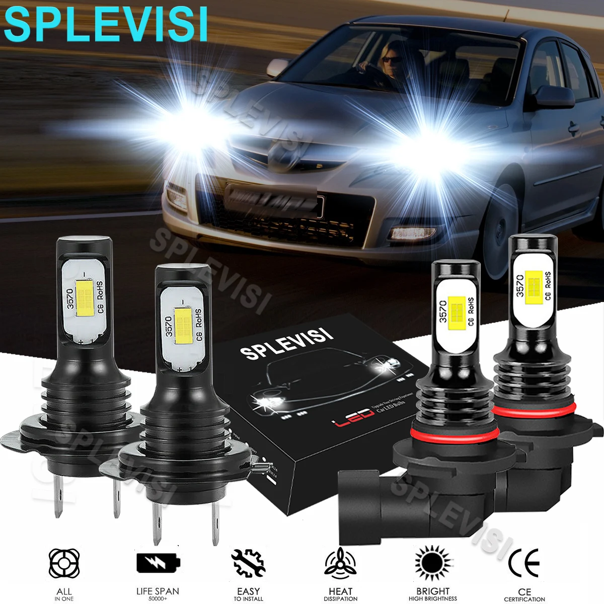 

4x LED Pure White Headlight Hi Low Beam Bulbs 6000K For Mazda 3 2004-2009 Mazda 3 04-06 Protege 5 2002-2003 Mazda CX-7 2007-2012