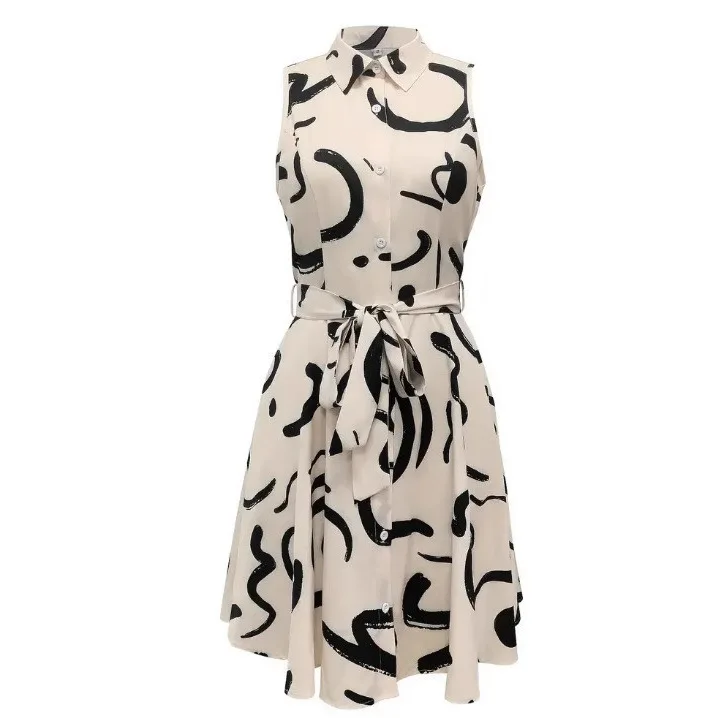 New Women's Printed Sleeveless Lace-Up Dress Shirt Skirt