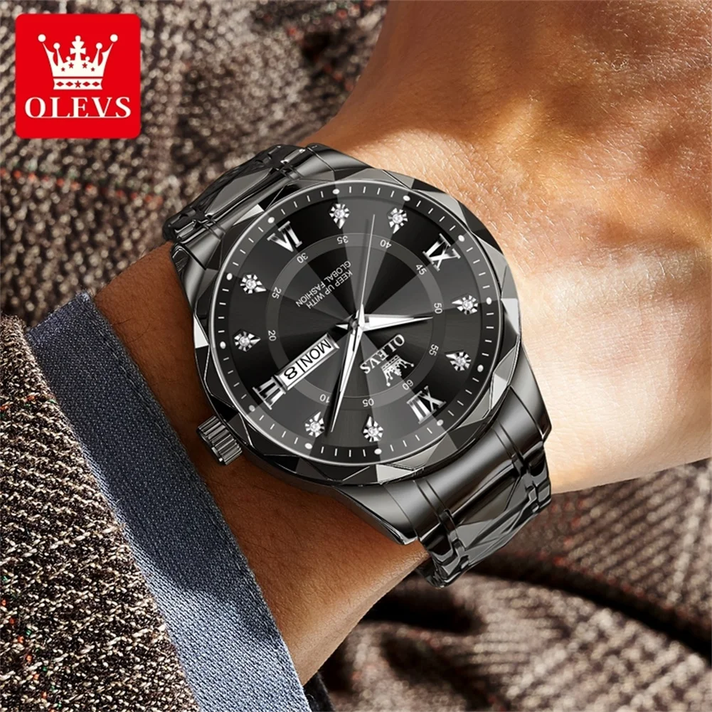 OLEVS 5609 Men\'s Watches Rhombus Design Black Stainless steel Calendar Week Waterproof Luminous Original Quartz Watches for Men