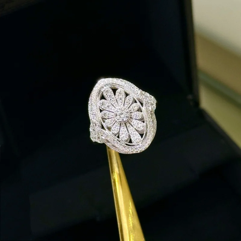 S925 Sterling silver antique vintage Daisy Ring Superior lace design imported high carbon diamond fireworks ring