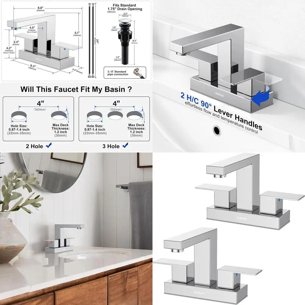 

4-дюймовый хромированный смеситель для раковины с 3 отверстиями, с подводящими и сливными трубами, из нержавеющей стали, с 2 ручками, для ванной комнаты в автодоме, комплект из 2 штук