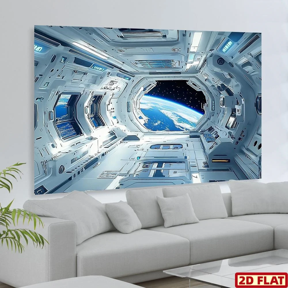2D Flat, 1pc Space Station View Wall Art - 2D Flat Polyester Hanging Ornament with Earth & Spacecraft Design, No Power Needed