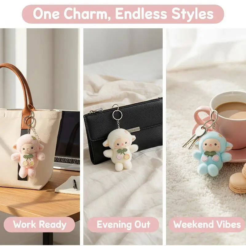 Cute Fluffy Plush Lamb Keychain Cherry Decor Soft Stuffed Animal Pendant for Backpack Charms Kids Small Party Gifts