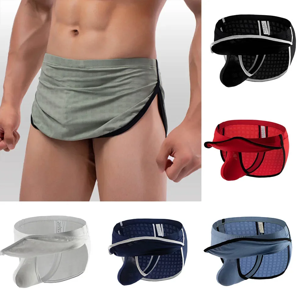 Mens Arrow Pants Separate Pouch Trunks Boxer Briefs Comfy Layered Underpant Tangas Underwear Mesh Stretch Boxershorts