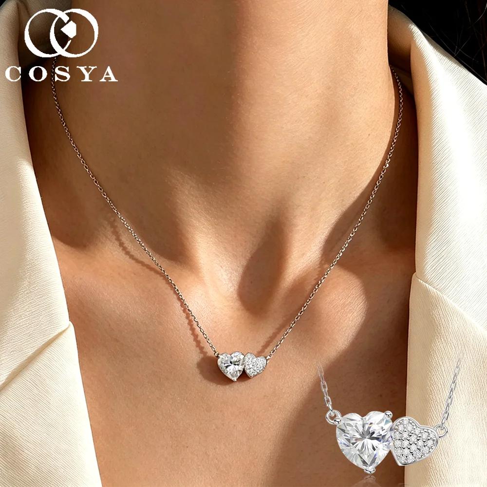 COSYA 2CT Heart Cut Moissanite Necklace For Women 100% S925 Silver D Color Lab Diamond 2 Stone Neck Chain Dainty Fine Jewelry