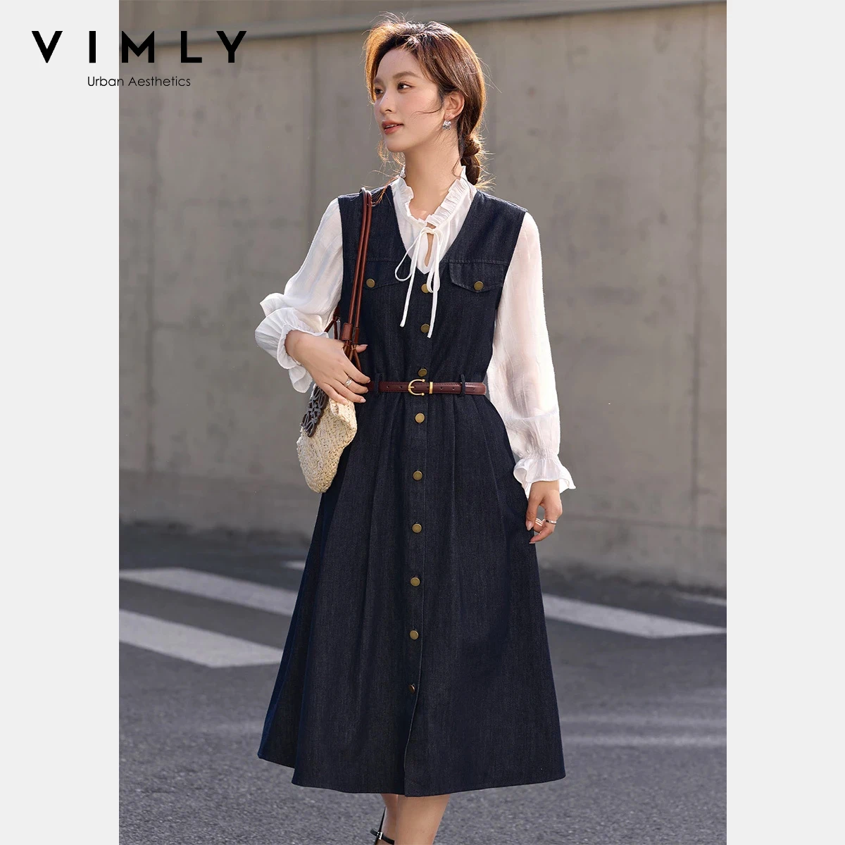 

VIMLY A-line Denim Dresses for Woman 2026 Spring New Casual Loose V-Neck Sleeveless Vest Maxi Dress with Removable Belt A3805