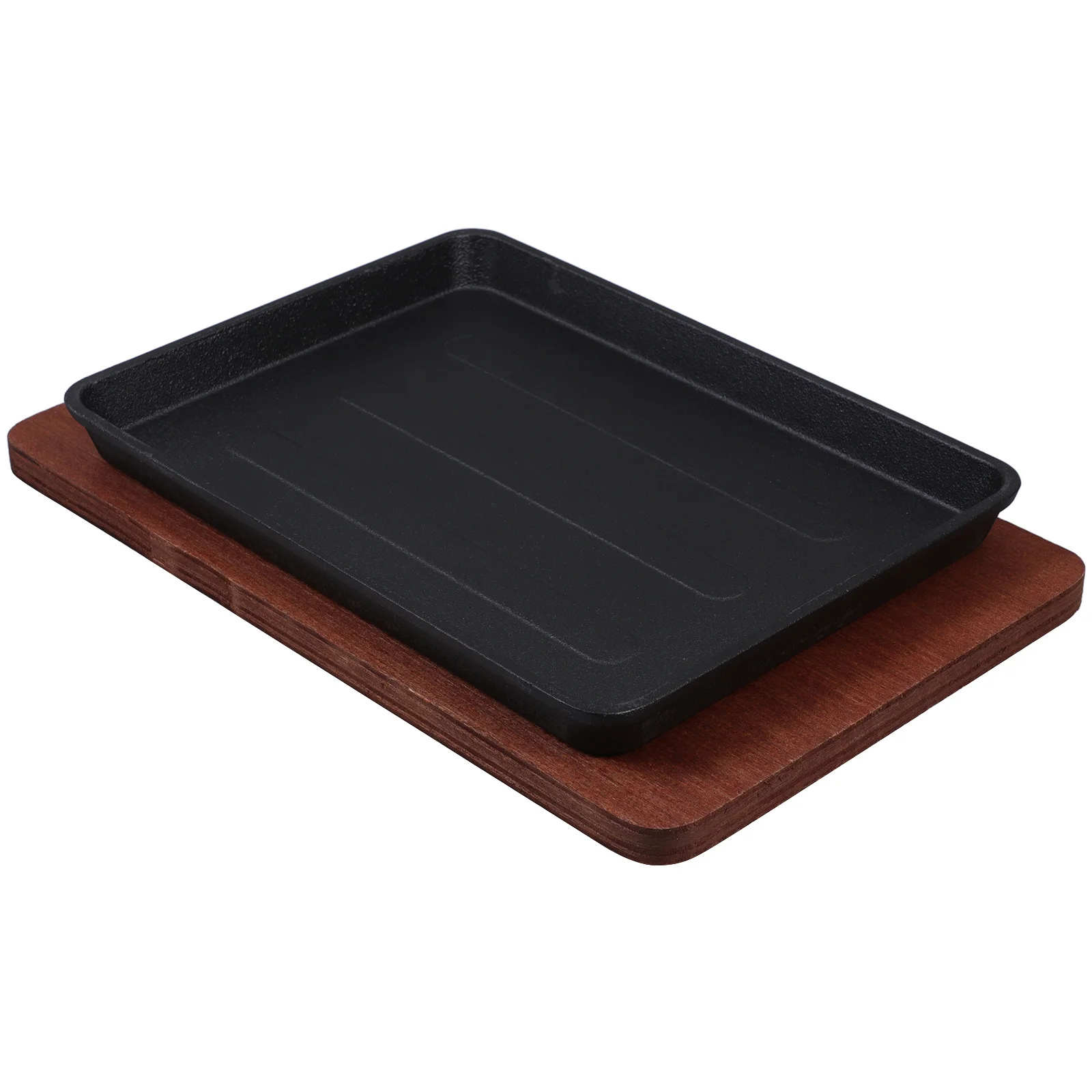 

Square Cast Iron Cooking Pan 12 Inch Heavy Duty Griddle Skillet For Steak Fish Grill Sizzling Plate With Wooden Base Bbq